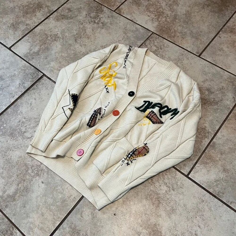 Ebossy Collection Cream Patchwork Cable Knit Cardigan Oversized Sweater